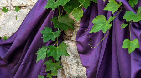 A stunning composition featuring delicate green ivy leaves intertwined with a smooth stone wall, complemented by rich purple fabric. This image captures a perfect blend of natural beauty and elegant design.の素材