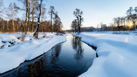 Stunning winter river scene showcasing a quiet waterway surrounded by snow-covered banks and trees, reflecting a clear blue sky at sunset.の素材