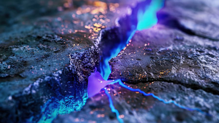 A striking macro shot showcasing a crack in a dark stone surface where vibrant electric blue light emerges, creating an enchanting and mysterious atmosphere.の素材