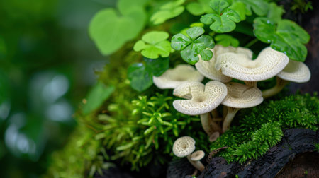 This enchanting image captures a group of delicate white mushrooms nestled among vibrant green leaves and ferns, showcasing nature's intricate beauty.の素材