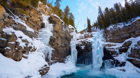 Experience the breathtaking beauty of frozen waterfalls in a serene winter landscape, surrounded by majestic pine trees and rocky terrains.の素材