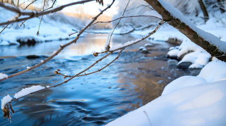 A serene winter landscape showcasing a gentle stream surrounded by snow-covered branches and smooth stones, reflecting the calm beauty of nature.の素材