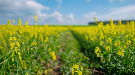 A stunning view of a vibrant yellow flower field stretches under a bright blue sky filled with fluffy clouds, creating a serene outdoor scene.の素材