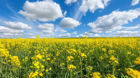 A breathtaking view of a vibrant yellow flower field stretching towards the horizon beneath a clear blue sky adorned with fluffy clouds, capturing the essence of nature's beauty.の素材