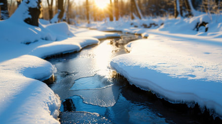 A serene winter stream flows gently through a frosty landscape, with sunlight peeking over the trees, creating a tranquil atmosphere filled with natural beauty.の素材