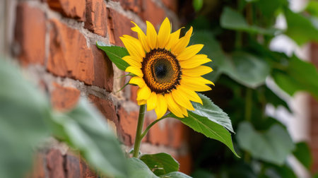 A stunning sunflower stands proudly against a rustic brick wall, surrounded by vibrant green leaves, capturing the essence of nature's beauty and warmth.の素材