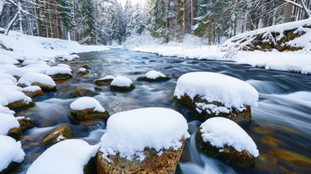 Experience the tranquil beauty of a winter landscape featuring a gentle river adorned with snow-covered rocks, nestled within a serene forest setting.の素材