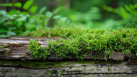 Close-up view of vibrant green moss growing on a weathered wooden log in a serene forest setting, highlighting the beauty of nature and tranquility.の素材