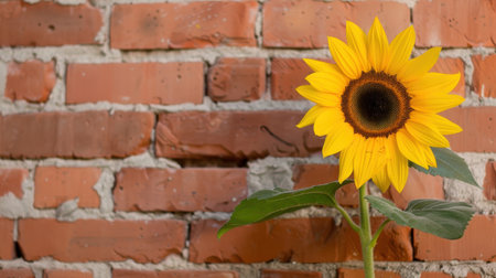 A stunning sunflower stands tall against a rustic brick wall, showcasing vibrant yellow petals and a dark center. Ideal for nature and gardening themes.の素材