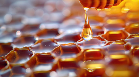This captivating close-up captures honey dripping from a spoon onto a fresh honeycomb, showcasing the golden hues and rich textures of this natural sweetener.の素材