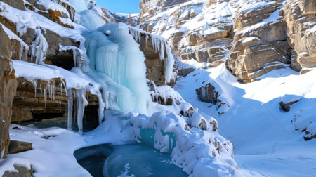 This stunning winter scene features a magnificent ice-covered waterfall cascading over rugged rocks, surrounded by a snowy landscape. The clear blue water beneath invites exploration, while the serene environment showcases nature's beauty in a tranquil setting.の素材