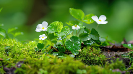 This captivating image showcases delicate white flowers blooming amidst rich green moss, creating a serene forest ambiance filled with tranquility and natural beauty.の素材