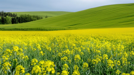 A stunning view of a vibrant yellow flower field stretches across green rolling hills under an overcast sky, showcasing nature's seasonal beauty and tranquility.の素材