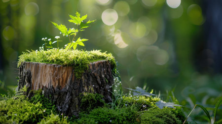 A vivid sapling emerges from a decaying tree stump, surrounded by soft green moss, showcasing natureの素材
