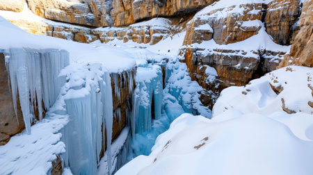 Explore the breathtaking beauty of a deep winter canyon adorned with majestic ice formations and snow-covered rocks, creating a serene, cold landscape.の素材