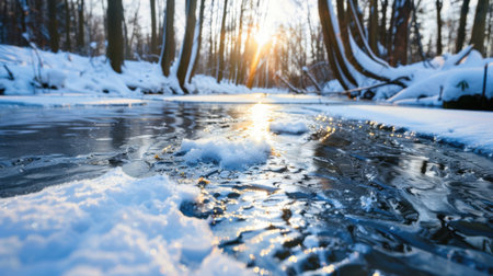 A breathtaking winter scene capturing a snowy river winding through a serene forest at sunset. The sunlight creates a warm glow on the icy surface.の素材