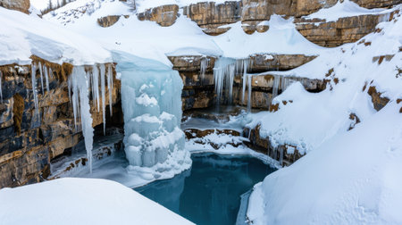 A stunning winter scene featuring a beautiful ice waterfall surrounded by rocky cliffs and deep snow. The tranquil blue pool reflects the serene atmosphere.の素材