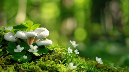 This captivating image features delicate white mushrooms nestled among vibrant green foliage and small wildflowers, creating a peaceful forest scene.の素材