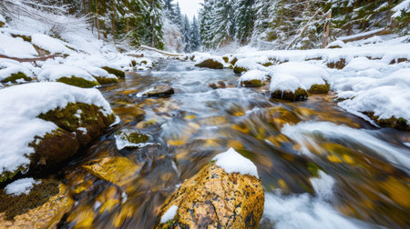 A captivating winter scene showcasing a flowing stream surrounded by snow-covered rocks and towering pine trees, encapsulating the beauty of nature.の素材