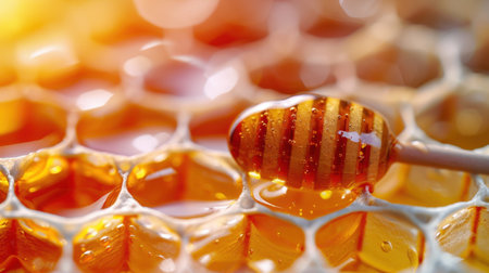 A captivating close-up image featuring golden honey dripping from a wooden dipper onto honeycomb, showcasing the rich texture and natural sweetness.の素材