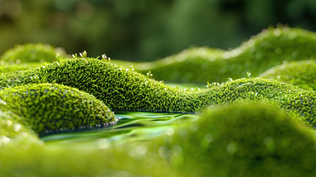 Discover the serene beauty of a lush green moss landscape, featuring soft curves and glimmering water under natural light, evoking tranquility and freshness.の素材