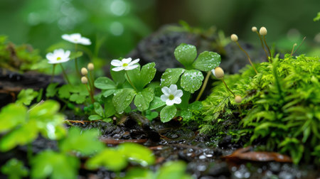 Captivating close-up of fresh green leaves and delicate white flowers surrounded by lush moss in a tranquil forest environment after rain.の素材