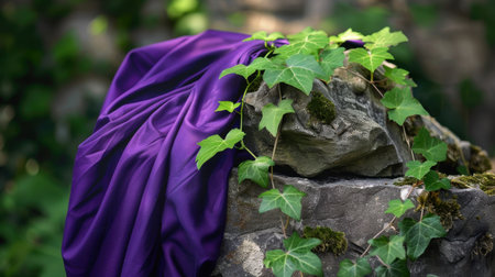 A beautiful arrangement featuring elegant purple fabric gracefully draped over a textured stone, adorned with lush green ivy, creating a tranquil ambiance.の素材