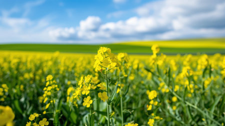 This picturesque scene showcases a vibrant field of yellow flowers blooming under a clear blue sky, surrounded by lush green hills, capturing the essence of springtime beauty.の素材