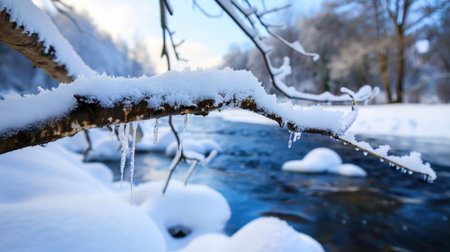 A serene winter scene featuring snow-covered branches and icicles above a calm river. The clear blue sky adds to the tranquil beauty of nature, perfect for evoking a peaceful winter atmosphere.の素材