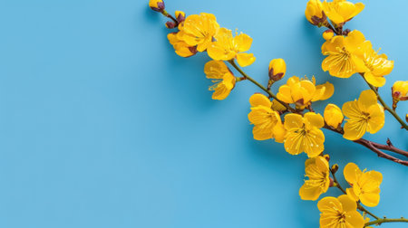 A stunning display of bright yellow flowers delicately arranged against a soft blue background, perfect for themes of spring, nature, and serenity.の素材