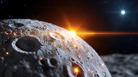 Captivating view of the moon's surface featuring detailed craters, illuminated by a radiant sunlight effect against a deep space background.の素材