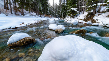 A breathtaking view of a winter stream winding through a serene forest. Large snow-covered rocks dot the icy water, surrounded by towering evergreen trees, creating a peaceful winter landscape.の素材