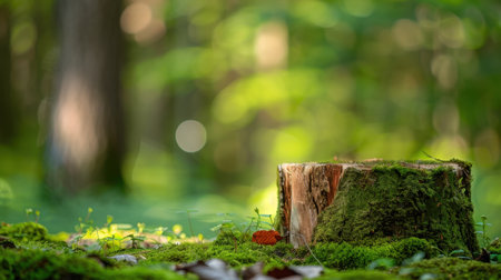 A serene forest scene featuring a moss-covered tree stump. The lush green background creates a tranquil atmosphere with soft bokeh effects, showcasing nature's beauty.の素材