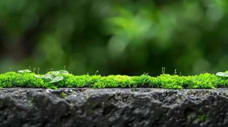 This image captures vibrant green moss growing on a rock surface, highlighting the beauty of nature. The soft focus background enhances the serene atmosphere, perfect for showcasing the tranquility of outdoor environments.の素材