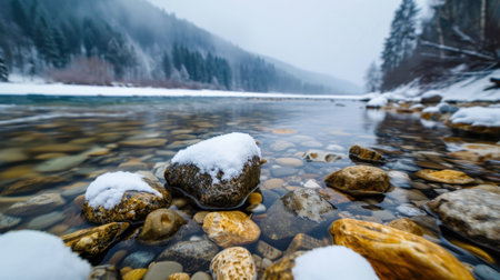 A beautiful winter scene capturing a calm river lined with snowy stones, surrounded by dense forest and misty mountains in the background.の素材