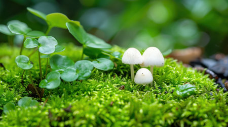 Two delicate white mushrooms emerge from vibrant green moss in a lush forest setting, showcasing the beauty of nature's intricate ecosystem.の素材