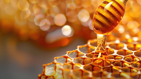 This captivating image showcases honey dripping gently from a wooden dipper onto a glistening honeycomb, creating a warm golden scene. The soft bokeh background enhances the inviting atmosphere, perfect for food-related themes.の素材
