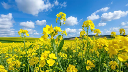 A stunning view of a vibrant yellow flowering field, set against a clear blue sky adorned with fluffy clouds, creating a picturesque rural landscape.の素材