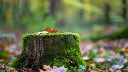 This captivating close-up image showcases a moss-covered tree stump adorned with autumn leaves, set in a tranquil forest landscape. Perfect for nature enthusiasts.の素材