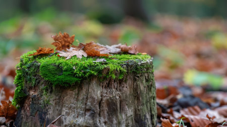 This detailed close-up captures a tree stump adorned with vibrant green moss and scattered autumn leaves, highlighting the beauty of nature's transitions.の素材