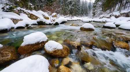 A captivating winter scene showcasing a crystal-clear river with flowing water over ice-covered rocks, surrounded by snow-laden trees, evoking serenity.の素材