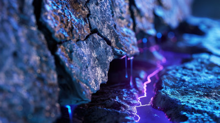 This captivating close-up image showcases a wet rock surface illuminated by glowing neon lights, creating a mesmerizing interplay of colors and textures.の素材