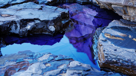 This stunning image features vibrant pools of water reflecting shades of blue and purple, set against jagged rock formations. Explore the tranquil beauty of nature.の素材
