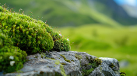 This image captures a close-up view of vibrant green moss covering a stone, set against gentle rolling hills under a blue sky. The natural beauty embodies tranquility and serenity.の素材