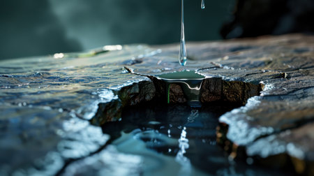 A breathtaking close-up image featuring a water droplet elegantly falling into a serene pool, surrounded by rugged stone texture and a dramatic cloudy backdrop.の素材