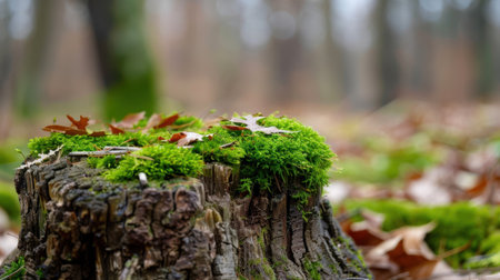 A beautiful close-up image of a moss-covered tree stump featuring vibrant green moss and fallen autumn leaves, capturing the essence of nature's tranquility.の素材
