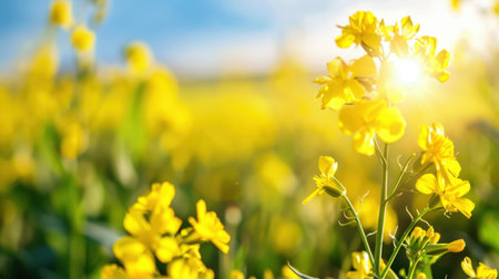 A stunning view of bright yellow flowers blooming in a sunlit field, showcasing natural beauty and vibrant colors, perfect for conveying spring and joy.の素材