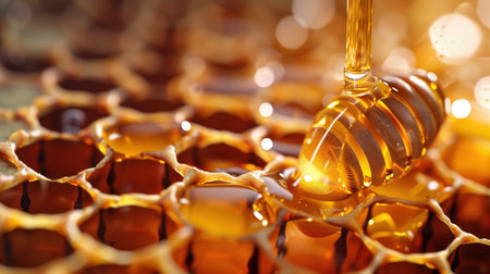This stunning close-up image captures golden honey dripping gracefully from a wooden dipper onto fresh honeycomb cells, illuminated by warm natural light.の素材