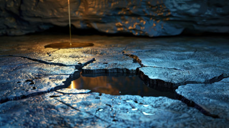 A captivating scene showcasing a pool of water amidst cracked ground within a cave. The interplay of light and reflections creates an atmosphere of serenity and intrigue.の素材