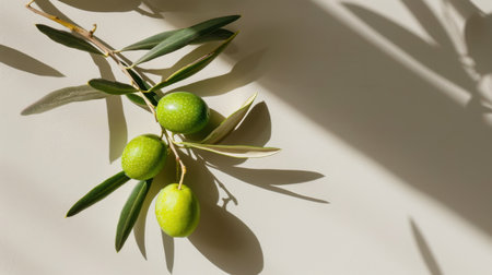 A beautifully arranged composition of fresh green olives on an olive branch, featuring delicate shadows and natural light that accentuate the vibrant colors, ideal for food-related projects or concepts centered around healthy living and natural ingredients.の素材